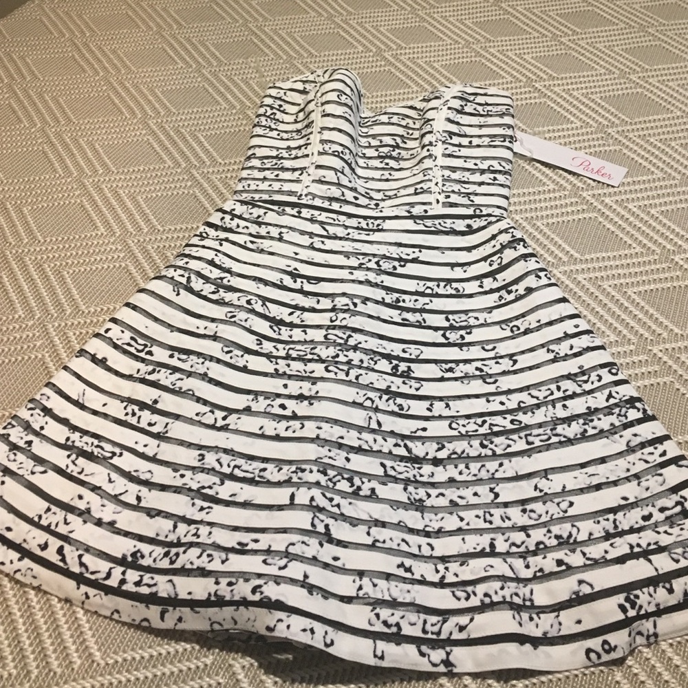 Parker White and Black Striped Strapless Mini Dress
